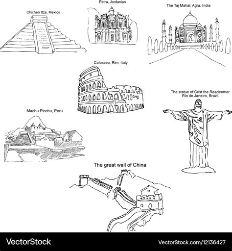 Modern seven wonders of the world sketch Vector Image