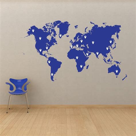 World Map Pin Drops Decal #873 | Map wall decal, World map wall decal, World map with pins