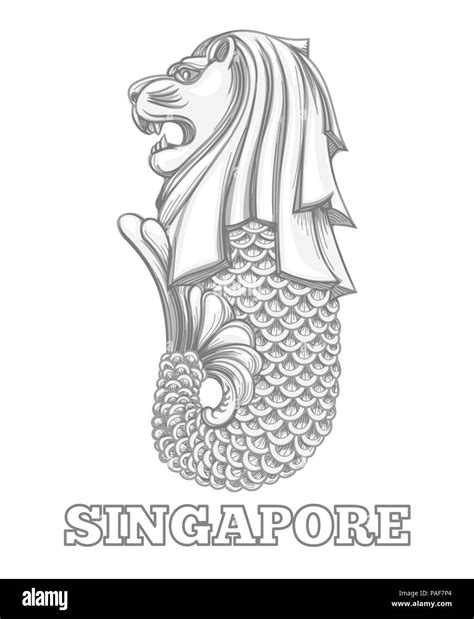 Singapore merlion icon. Water merlion fountain vector illustration, singapore city landmark lion ...