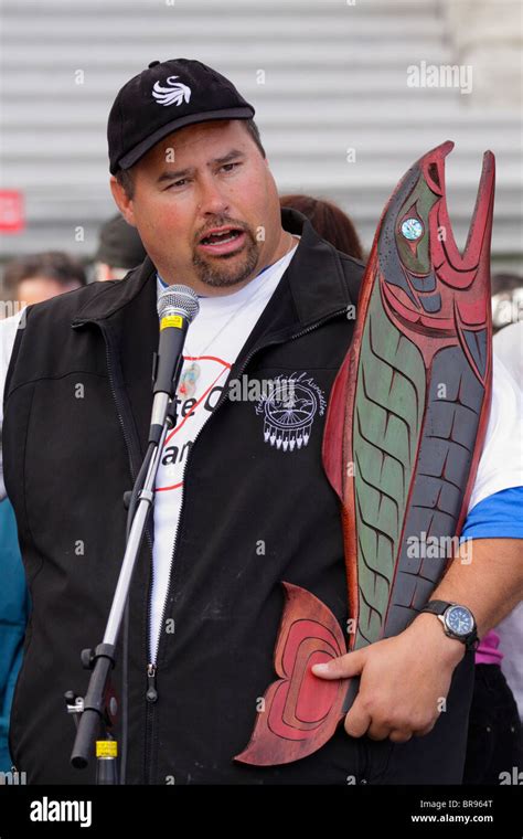 Aboriginal first nations chief speaking at anti Site C Peace River Dam rally-Victoria, British ...