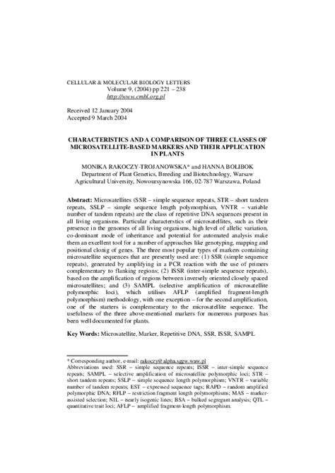 (PDF) CHARACTERISTICS AND A COMPARISON OF THREE CLASSES OF MICROSATELLITE-BASED MARKERS AND ...