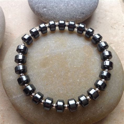 Hematite and Sterling Stretch Bracelet | Mens beaded bracelets, Beads ...