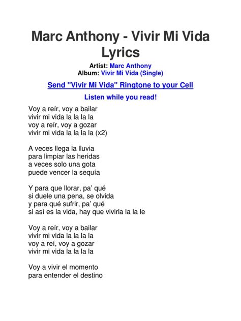 Lyrics of Vivir Mi Vida by Marc Anthony | Música grabada | Medios musicales