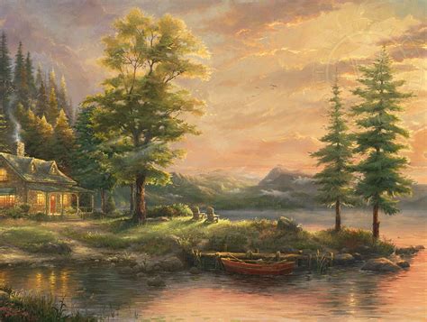 Thomas Kinkade Log Cabin Painting