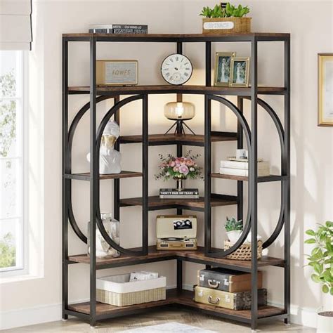 BYBLIGHT Eulas 35.43 in. Wide Rustic Brown 14 shelf Industrial L-Shaped ...