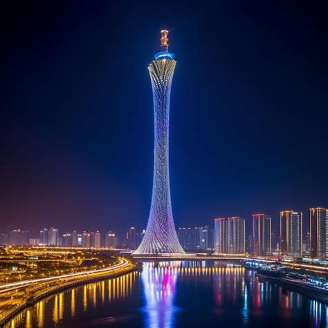 Premium AI Image | Arafed view of a tall tower with a lit up spire ...