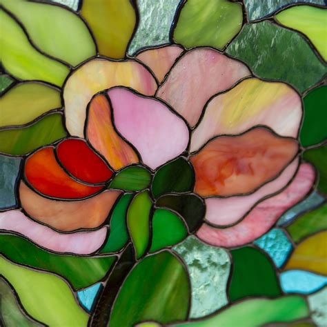 Peony flower stained glass window hanging panel