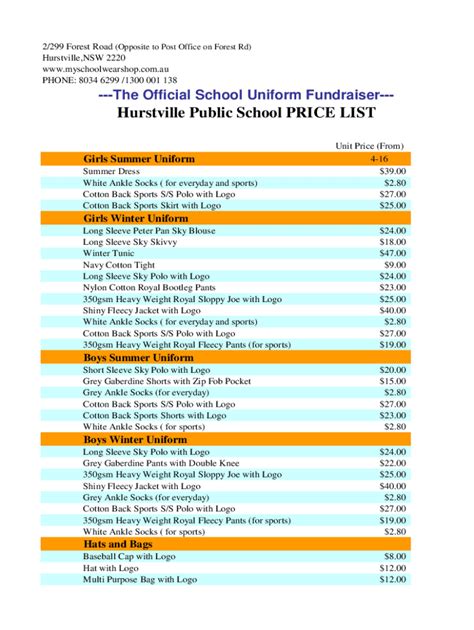 Fillable Online The Official School Uniform Fundraiser--- - Hurstville ...