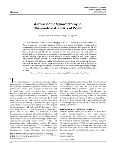 (PDF) Arthroscopic Synovectomy in Rheumatoid Arthritis of Wrist