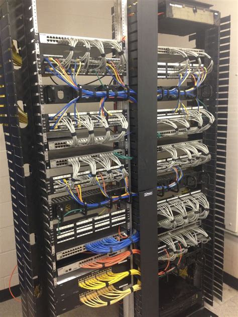 Making excellent use of 1 foot patch cables to tidy up a rack. Blue cables are IP phones, orange ...