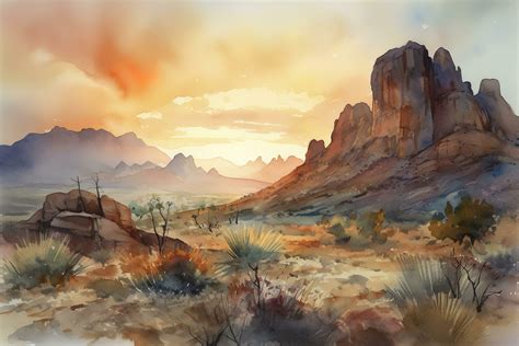 Paint a watercolor landscape of a desert scene with towering rock formations, intricate cacti ...