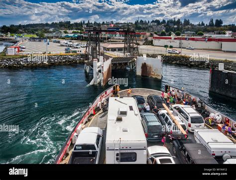 MV Powell River Queen ferry coming from Quadra Island, arriving at terminal in town of Campbell ...