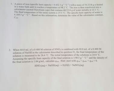 Solved I. A piece iron (specific heat capacity-o 452 in | Chegg.com