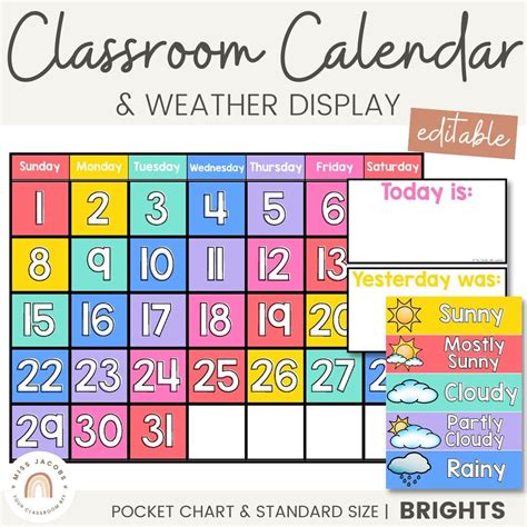 Classroom Calendar BRIGHTS Pocket Chart and Standard Size - Etsy