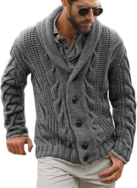 Hestenve Mens Stylish Cable Knitted Button Cardigan Sweater Chunky Shawl Collar Sweaters - Grey ...