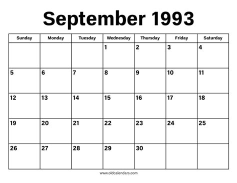 September 1993 Calendar – Printable Old Calendars