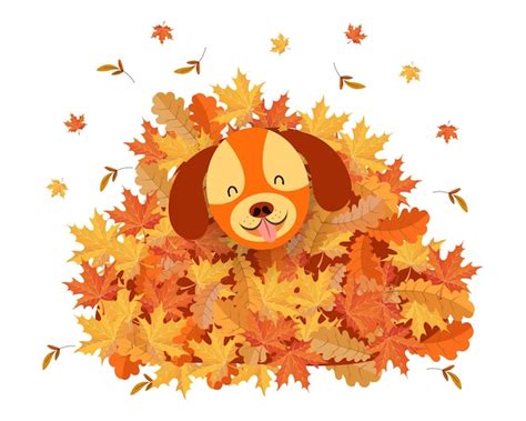 Premium Vector | Cute funny dog in a pile of autumn leaves. Cartoon ...