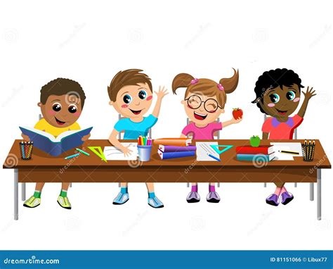 Happy Kids Children Sitting Desk Classroom School Cartoon Vector | CartoonDealer.com #81200627