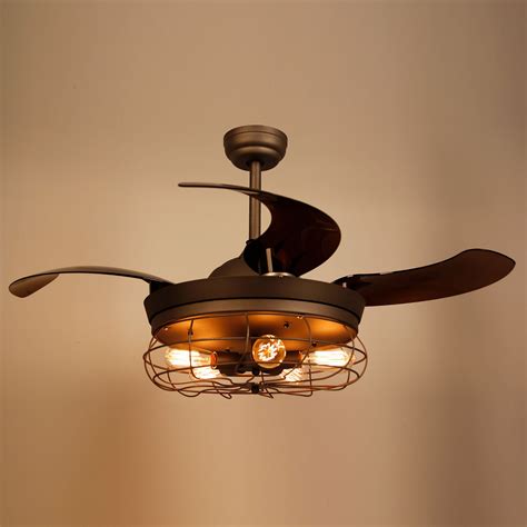 46" Industrial Ceiling Fans with Lights Remote Control Retractable 4 Blades Chandelier Fans, 5 ...