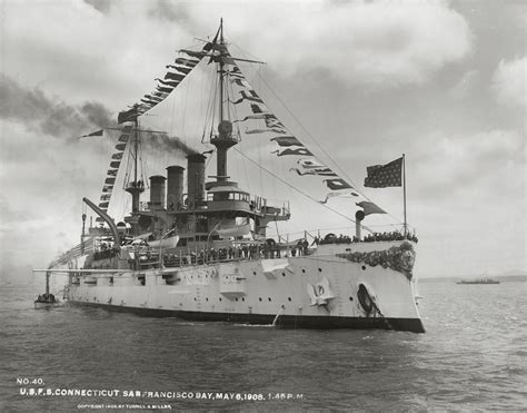 Lead ship of her class, pre-dreadnought battleship USS Connecticut (BB-18) at anchor in the San ...