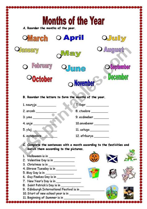 months of the year printable worksheet for kids with pictures and words ...