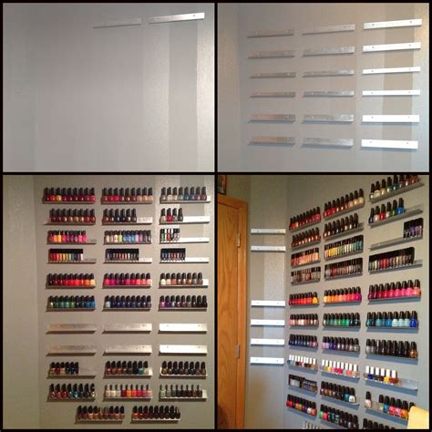 Growing wall of polish. DIY nail polish rack Diy Nail Polish Rack, Nail Rack, Diy Clothes Hanger ...