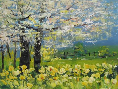 SPRING DAFFODILS CHERRY BLOSSOM TREES Impressionist LANDSCAPE Oil ...