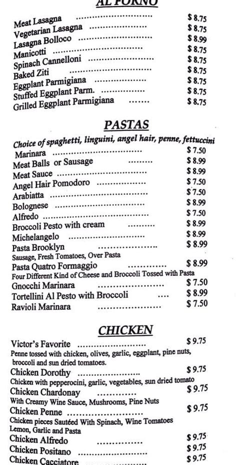 Menu at Piccolino restaurant, Artesia