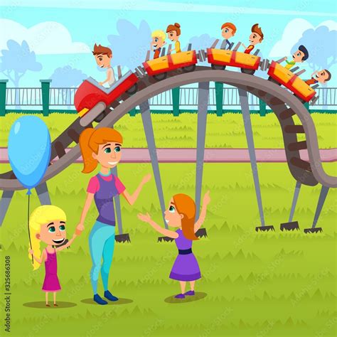 Bright Poster Children Attractions Cartoon Flat. Park has Attractions that Attract People an ...