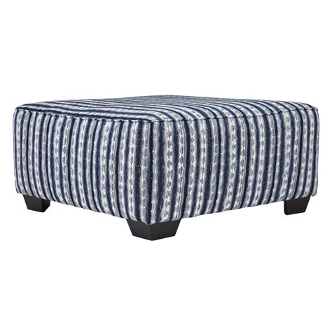 Square Fabric Upholstered Ottoman with Striped Pattern, Blue and White ...