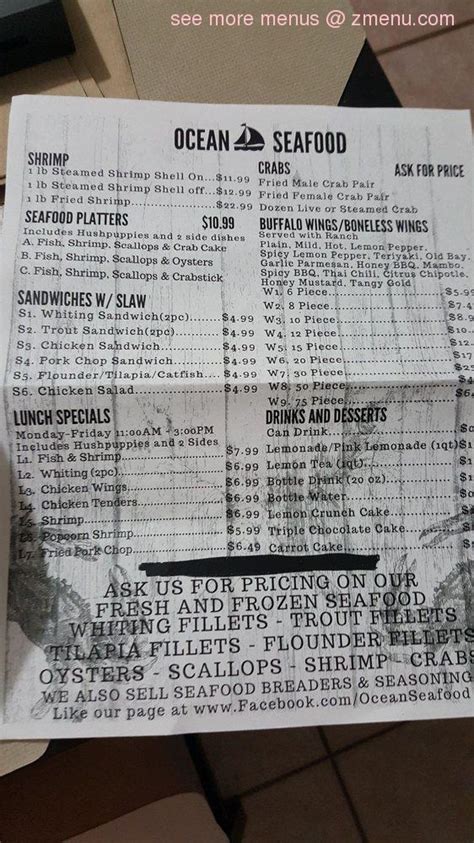 Menu at Ocean Seafood Inc. restaurant, Virginia Beach