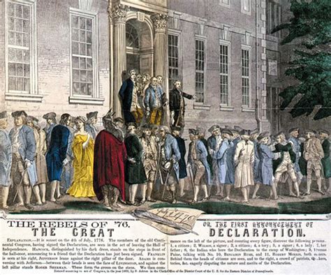 This poster shows the delegates leaving Independence Hall in Philadelphia to announce the sig ...