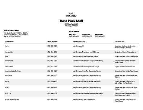 Complete List of Stores Located at Ross Park Mall - DocsLib