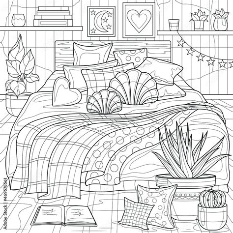 Boho style bedroom. Interior.Coloring book antistress for children and ...