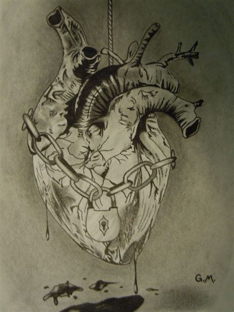 Mixed media drawing of a heart suspended from a rope, with a chain ...