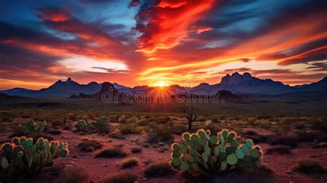 Wild West Texas Desert Landscape with Sunset with Mountains and Cacti Stock Illustration ...