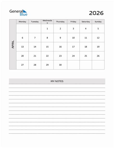 April 2026 Printable Monthly Calendar with Notes