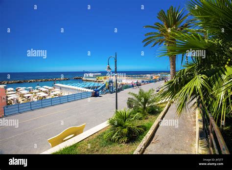 SANREMO, ITALY - July 2017 - Beach at Sanremo promenade, Mediterranean ...