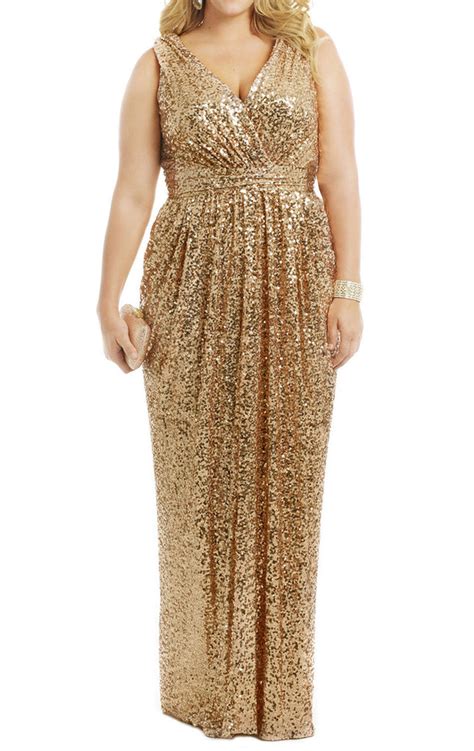 MACloth Straps V Neck Sequin Gold Long Bridesmaid Dress Plus Size Form