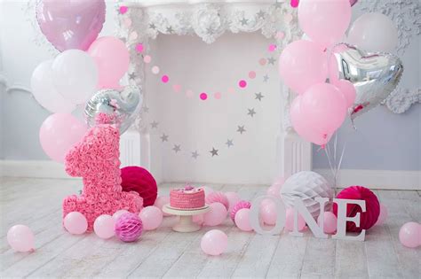 Pink Balloons And Fireplace For Baby 1 Birthday Photo Backdrop ...