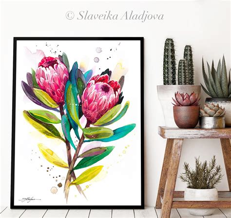 Protea Pink Ice watercolor painting print by Slaveika Aladjova, illustration, home decor ...