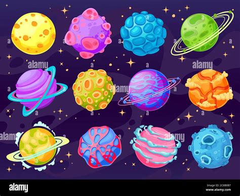 Fantasy cartoon planets. Multicolor cosmic planet objects for game ...