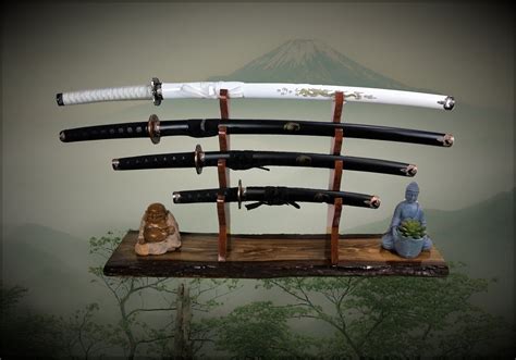 Rustic 4 Tier Sword Stand Display Walnut Base Katana Wakizashi Tanto Samurai Mantel Desk Top ...