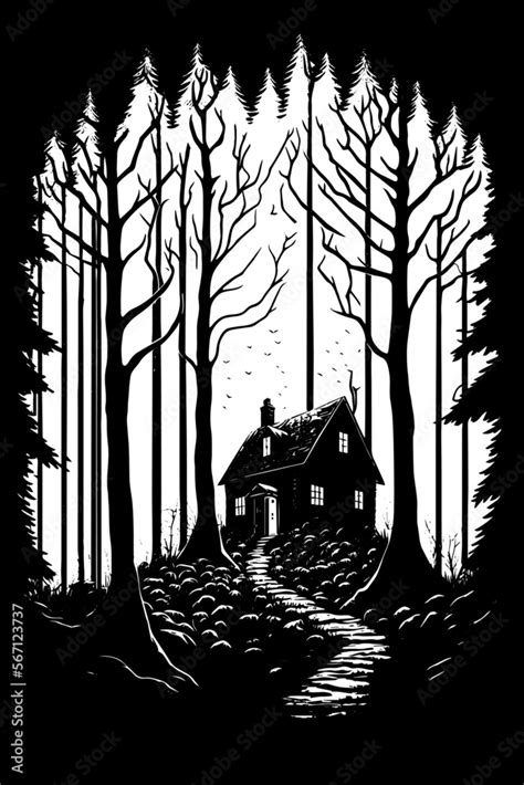 Black and white vector sketch illustration of small House in the dark ...