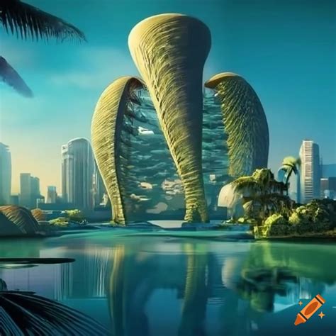 Futuristic cityscape with palm trees