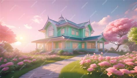 Premium AI Image | Pink background luxury house cartoon style dreamy pastel