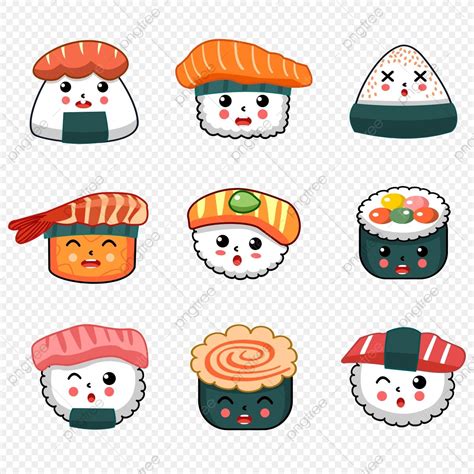 cartoon sushi characters with different facial expressions