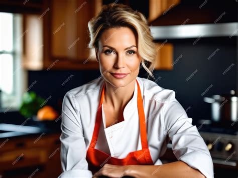 Premium AI Image | Female chef posing next to a table in kitchen Studio ...