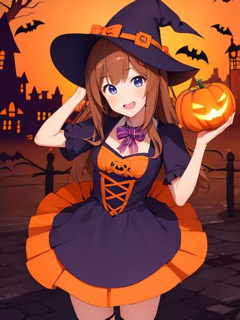 Premium AI Image | Cute witch girl on halloween night anime art for mobile wallpaper