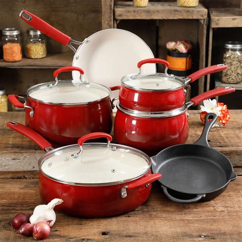 The Pioneer Woman Classic Belly 10 Piece Ceramic Non-stick and Cast Iron Cookware Set, Red ...